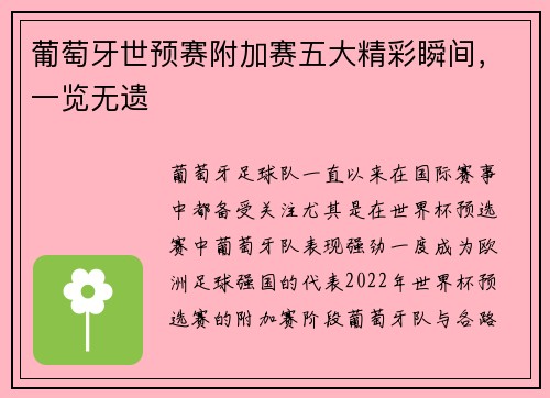 葡萄牙世预赛附加赛五大精彩瞬间，一览无遗